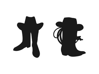 Silhouette symbol of Cowboy boots and hat symbol. retro western fashion hat illustration. silhouettes icon can be used for web and mobile, apps. Black vector silhouette isolated on white background.