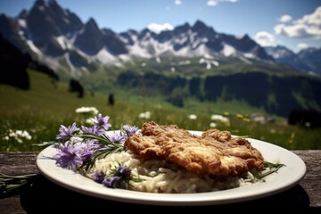 Austrian schnitzel on an alpine meadow with edelweiss flowers. - obrazy, fototapety, plakaty
