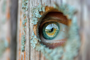 A close up of a person 's eye looking through a hole in a wooden post