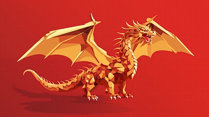 Golden dragon spreads its wings on a red background 