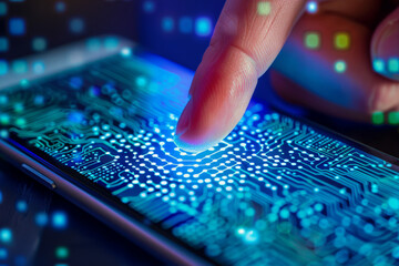 A finger is pointing at a circuit board on a cell phone - Powered by Adobe