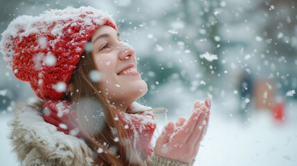 Joyful girl with snowflakes falling gently.
