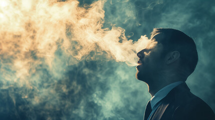 Man exhales smoke in a cold blue haze.