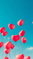 Heart-Shaped Red Balloons Soaring into the Blue Sky