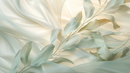 Serene Fusion: Close-up view of poplar and cedar leaves in serene ivory and soft sage.