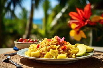Jamaican ackee and saltfish in a tropical garden with banana trees.