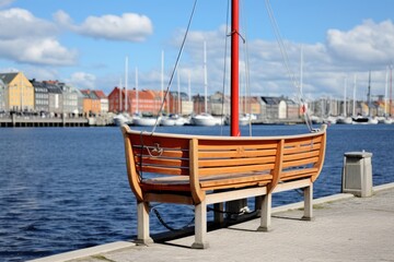 Fototapeta na wymiar Danish smorrebrod on a Copenhagen harbor-side bench with sailing boats.