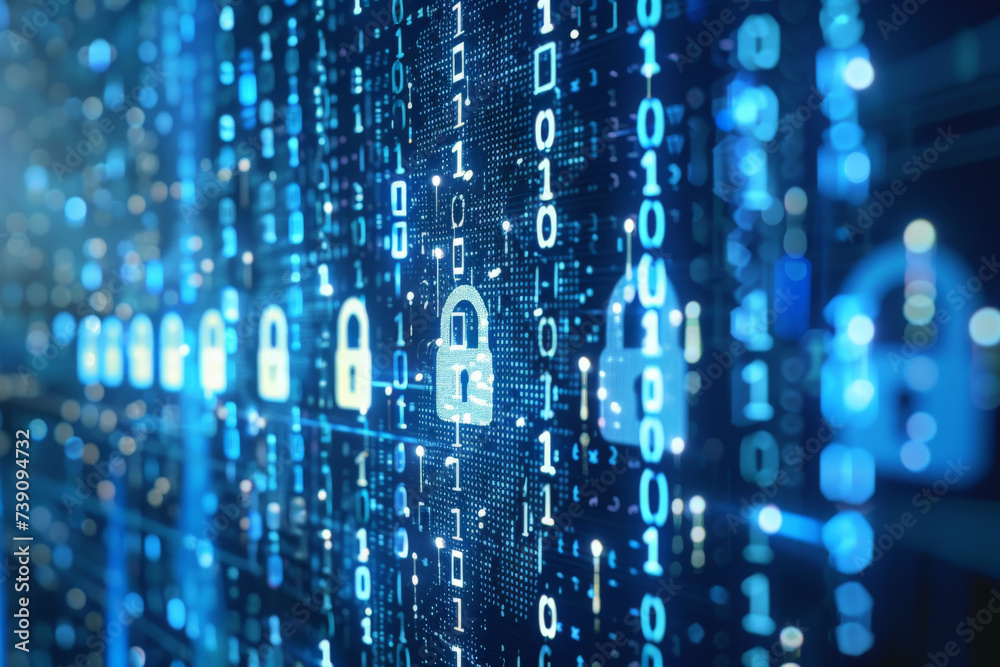 Aufkleber a binary code background with a padlock in the middle