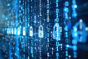 A binary code background with a padlock in the middle