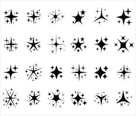 Stars sparkle compositions. Shine black stars stencil, isolated diverse sparkling elements,Rating star signs collection -Vector illustration isolated on white background.