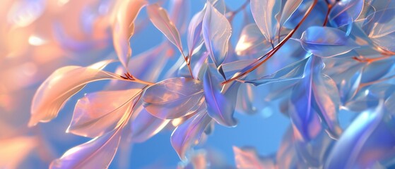 Serene Fusion: Close-up view of dry birch, poplar, and cedar leaves in tranquil sky blue and...