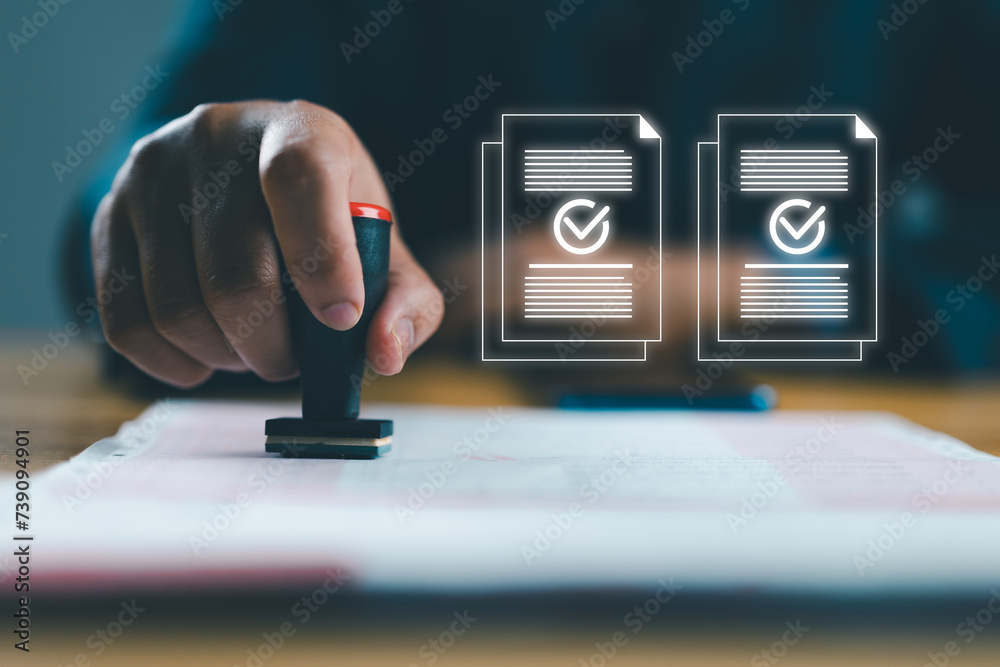 Poster businessman using rubber stamping on paper with correct sign mark symbol and electronic doc icon for