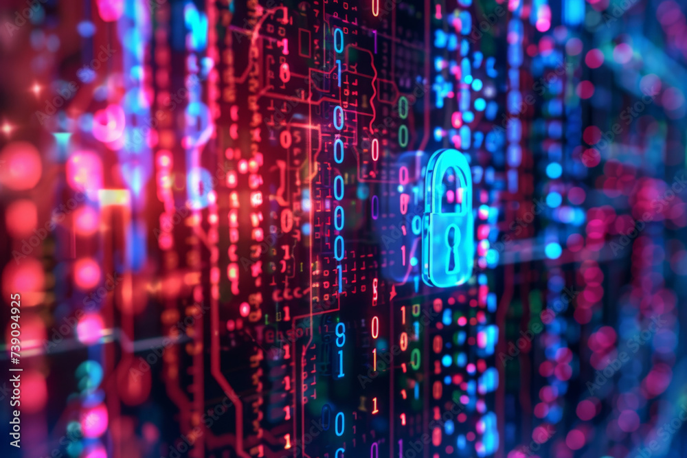 Poster a glowing padlock is surrounded by binary code