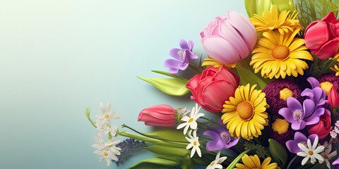 Colorful Vibrant Bouquet of Various Flowers, Spring Banner for 8 March, Mother's Day, Women's Day