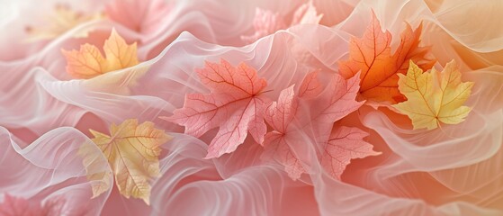 Tranquil Harmony: Detailed close-up of dry maple, elm, and aspen leaves in serene blush pink and pale yellow.