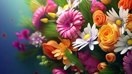 Fototapeta na wymiar Colorful Vibrant Bouquet of Various Flowers, Spring Banner for 8 March, Mother's Day, Women's Day