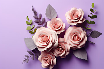 Top View of Spring Roses on Violet Pastel Background. Flat Lay Style Greeting for Women's Day, Mother's Day, or Spring Sale Banner