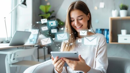 Young woman using tablet with floating email icons, digital communication
