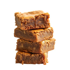 Front view of a stack of  butterscotch blondie brownies  in food photography style, isolated on a white transparent background