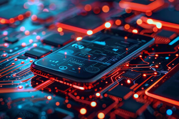 A cell phone is laying on top of a circuit board