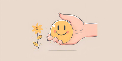 Happiness concept Close-up Of Person's Hand Holding showing positive emotions Joyful smiley color icon vector illustration with near a flower Happy customer, satisfaction client.