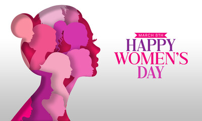 8 March Happy Women's Day Greeting card with faces of different women's