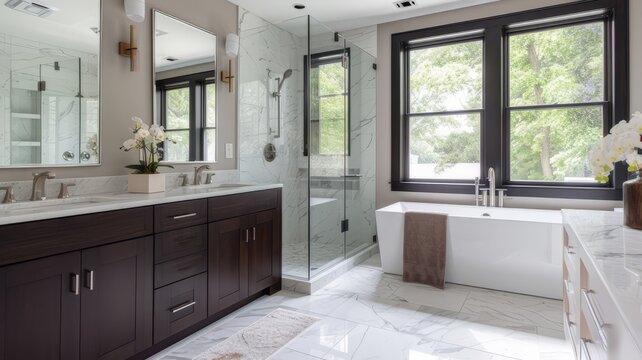 dark brown cabinets, white marble, a waik-in shower, a free standing tub, two mirrors, and flowers decorate this luxurious modern home bathroom.