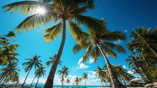 Photography showcasing paradise beach shaded by coconut trees. Amazing tropical backdrop. Generative AI