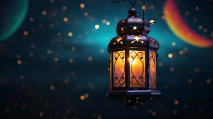 Foto op Canvas An illuminated colorful ramadan lantern against blue night sky with an crescent moon © Elchin Abilov
