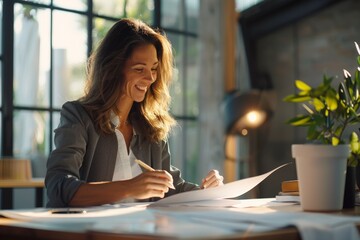 Smiling businesswoman working with papers in sunny office.