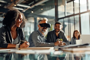 Team brainstorming with VR technology in modern office
