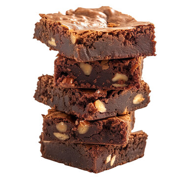 Front view of a stack of  mocha hazelnut brownies  in food photography style, isolated on a white transparent background