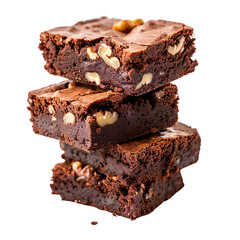 Front view of a stack of  walnut-studded brownies  in food photography style, isolated on a white transparent background