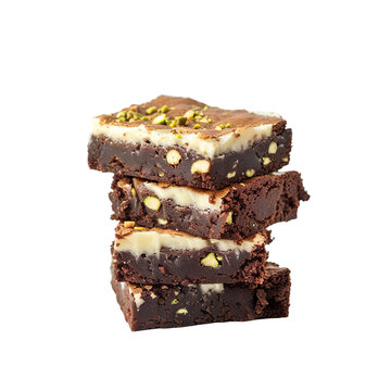 Front view of a stack of  white chocolate pistachio brownies  in food photography style, isolated on a white transparent background