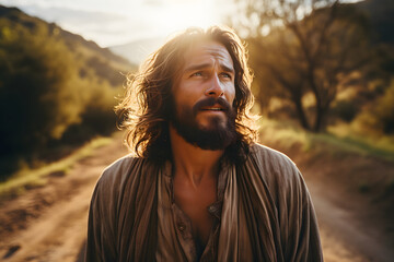 Jesus Christ portrait in old clothes walking on dirt path - obrazy, fototapety, plakaty