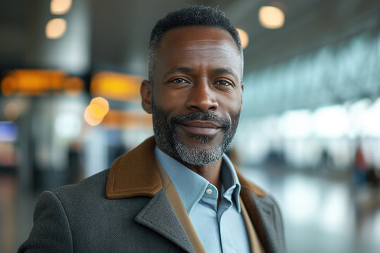 Stylish Confident Middle Aged African American Businessman Business Trip Airport