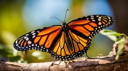 Fototapeta premium Close up of an orange monarch butterfly resting on a stick