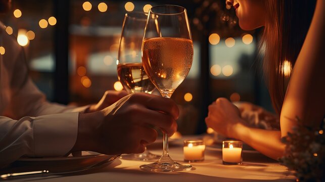 Closeup of couple hands on restaurant table with two glasses of champagne. Romantic couple holding each other's hand at dinner in a luxury restaurant. Marriage proposal and engagement concept.