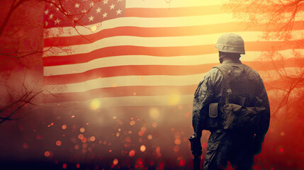 Fototapeta na wymiar Veterans Day Background with USA Flag, Soldier, and Fireworks, Copy Space for Banner