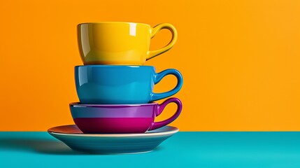 Composition of bright colorful ceramic mugs stacked on round shaped saucer against blue background