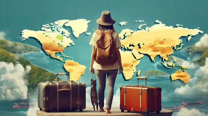 Foto op Canvas Young Woman Tourist Standing in Front of World Map Wallpaper with Hat, Suitcase, Luggage, and Backpack. World Tourism Day Banner or Poster © RBGallery