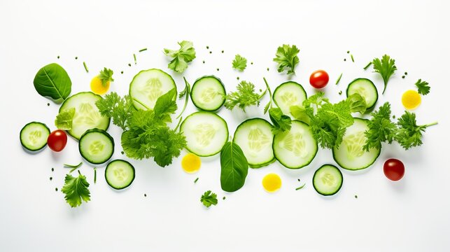 Creative layout made of tomato, cucumber and salad leaves on the white background. Flat lay. Food concept.
