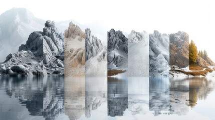 A breathtaking painting of a serene lake reflecting the vibrant colors of snow-capped mountains, surrounded by a majestic landscape with clear blue skies and fluffy white clouds.