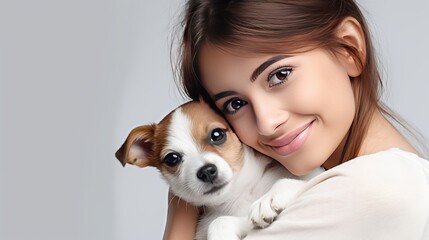 Cute young woman kisses and hugs her puppy  jack russell terrier dog. Love between owner and dog. Isolated on white background. Studio portrait
