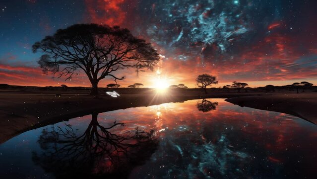 amazing nature scene with cosmic sky and reflection with tree silhouette. an extraordinary astrophotography image of a cosmic. seamless looping overlay 4k virtual video animation background 