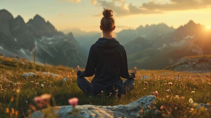 Woman make meditation, individual meditating in a serene mountain setting