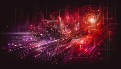 Abstract photo emphasizing technology with lines, dots, and a hexagon grid in a futuristic red and burgundy color scheme, symbolizing a digital data concept.