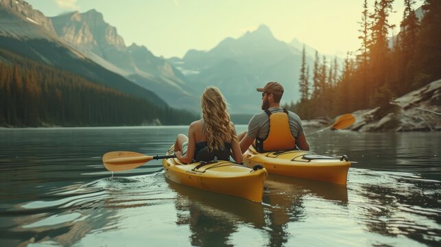 woman and man, couple kayaking on a serene lake