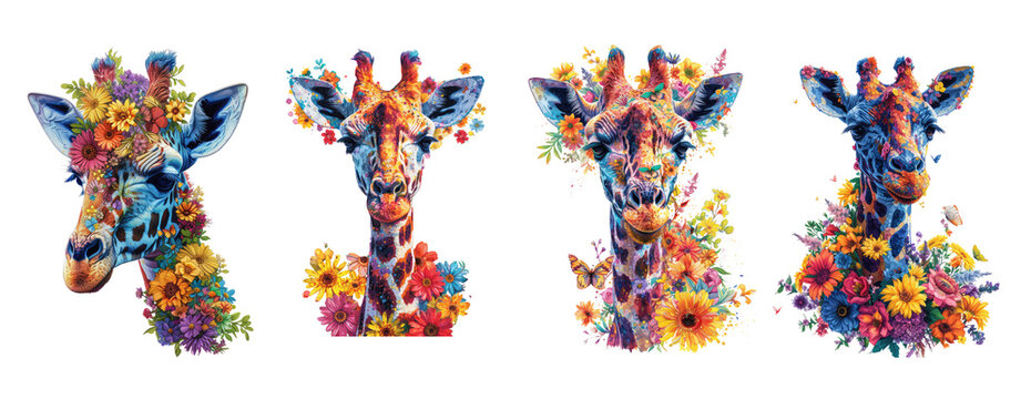 giraf made of flowers water painting vintage vivid colors