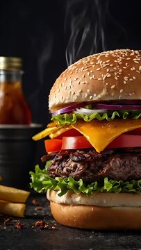 burger with crispy French fries on a background, fast food
